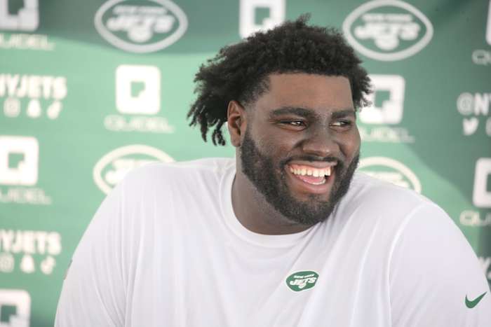 Offensive tackle Mekhi Becton addresses the media during the opening day of the 2022 New York Jets Training Camp in Florham Park, NJ on July 27, 2022. Opening Of The 2022 New York Jets Training Camp In Florham Park Nj On July 27 2022